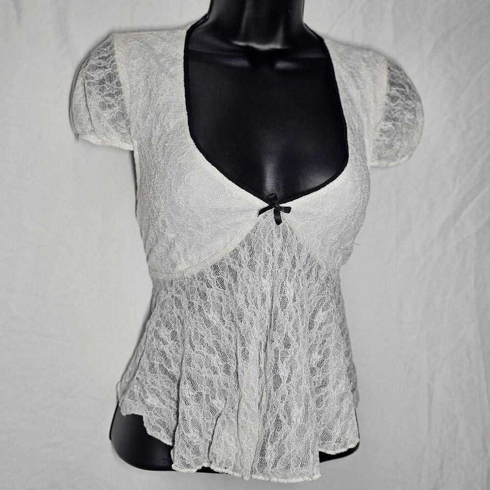 retro 90s white lace babydoll v neck coquette top - Picture 1 of 6